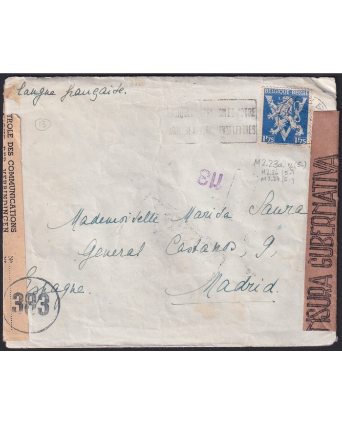 F-EX39478 BELGIUM BELGIQUE 1945 WWII COVER TO SPAIN CENSORSHIP.