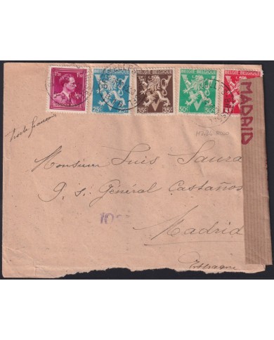 F-EX39479 BELGIUM BELGIQUE 1945 WWII COVER TO SPAIN CENSORSHIP.