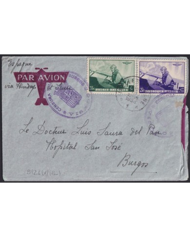 F-EX39489 BELGIUM BELGIQUE 1938 AVIATOR COVER TO SPAIN CIVIL WAR CENSORSHIP.
