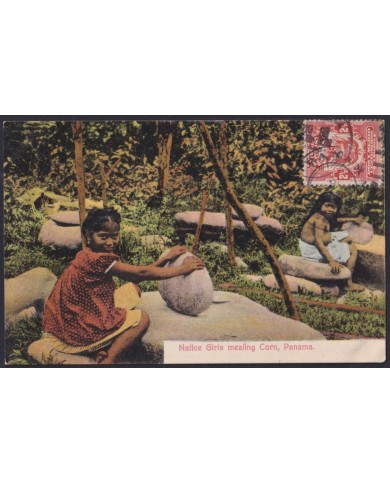 F-EX32264 PANAMA POSTCARD 1909 NATIVE GIRL MEALING CORN TO FRANCE.