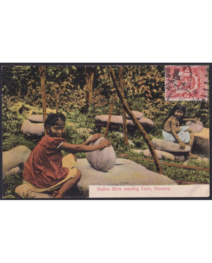 F-EX32264 PANAMA POSTCARD 1909 NATIVE GIRL MEALING CORN TO FRANCE.