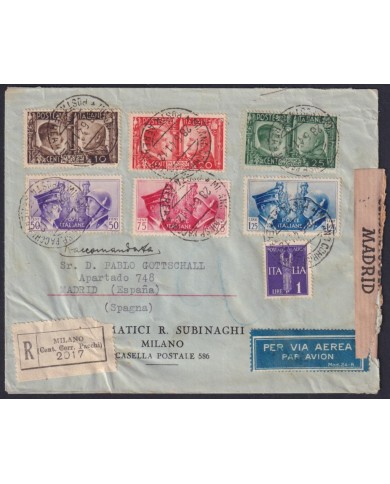 F-EX34444 ITALY ITALIA REGISTERED COVER MUSSOLINI & HITL. CENSORSHIP SPAIN.