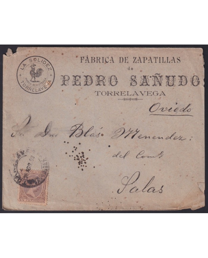 F-EX40981 SPAIN ADVERTISING SOBRE COMERCIAL 15c 1893 SHOES FACTORY PEDRO SAÑUDO TORRELAVEGA. F-EX40981 SPAIN ADVERTISING SOBRE COMERCIAL 15c 1893 SHOES FACTORY PEDRO SAÑUDO TORRELAVEGA.