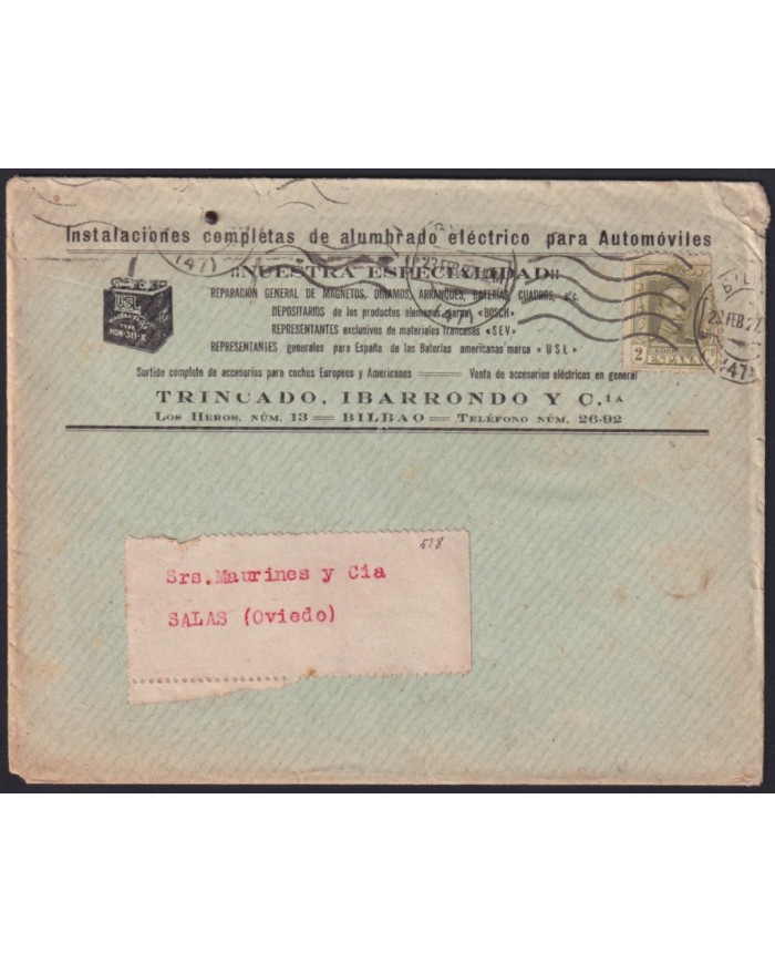 F-EX41000 ESPAÑA SPAIN ADVERTISING SOBRE COMERCIAL COVER 1929 BILBAO AUTOMOVIL ELECTRIC