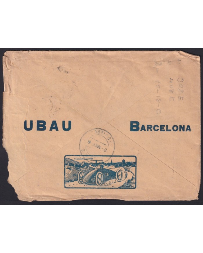 F-EX41008 ESPAÑA SPAIN ADVERTISING SOBRE COMERCIAL COVER 1916 UBAU AUTOMOVIL BARCELONA.