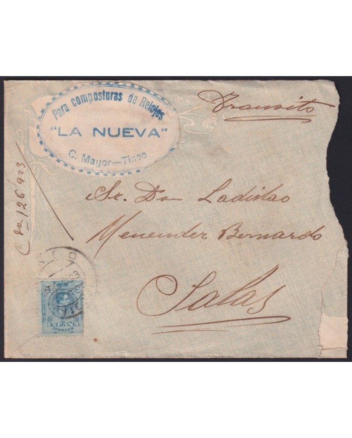 F-EX41009 ESPAÑA SPAIN ADVERTISING SOBRE COMERCIAL COVER 1923 WATCH REPAIR TINEO OVIEDO TO SALAS.