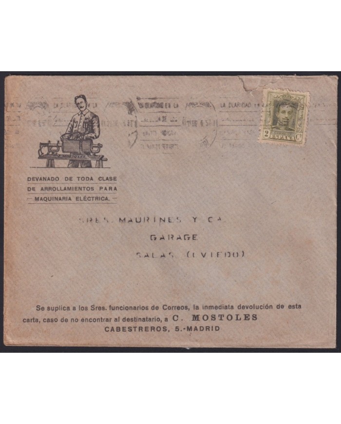 F-EX41010 ESPAÑA SPAIN ADVERTISING SOBRE COMERCIAL COVER 1929 MADRID MOTOR ELECTRIC REPAIR.