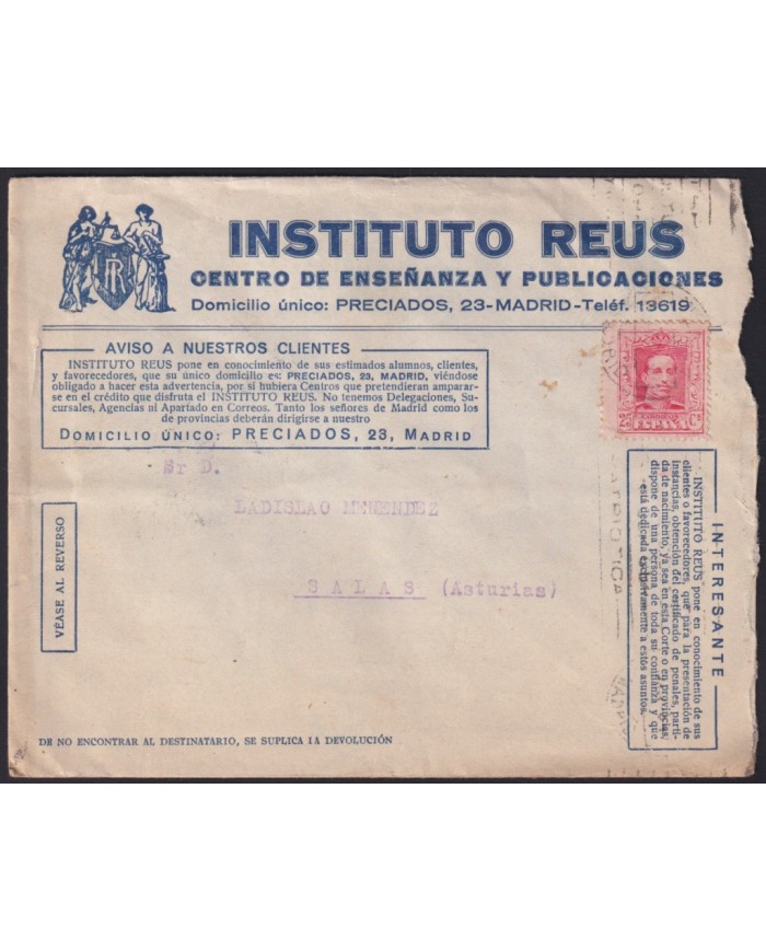F-EX41011 ESPAÑA SPAIN ADVERTISING SOBRE COMERCIAL COVER 1928 MADRID EDITORIAL REUS LEARNING.