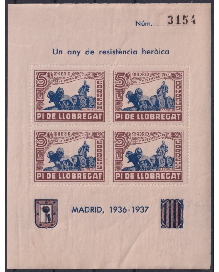 Z293 ESPAÑA SPAIN VIÑETAS 1937 CIVIL WAR CATALUÑA PI DE LLOBREGAT CIBELES ORIGINAL GUM.