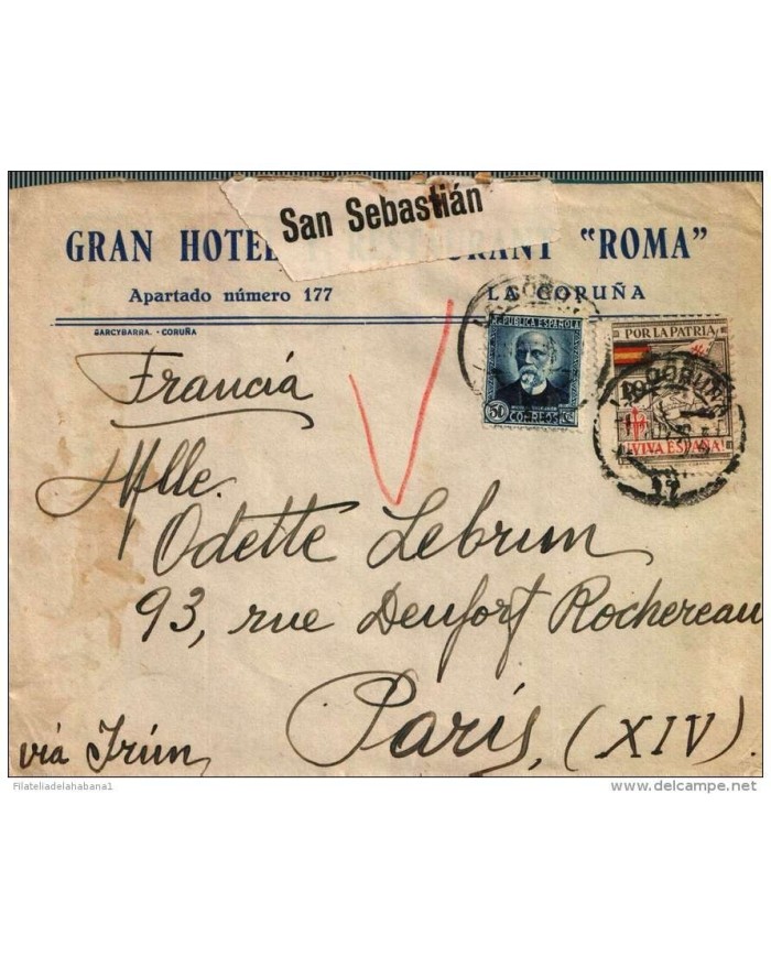 F-EX301 SPAIN ESPAÑA GRAND HOTEL ROMA. LA CORUÑA. 1937 CENSORSHIP