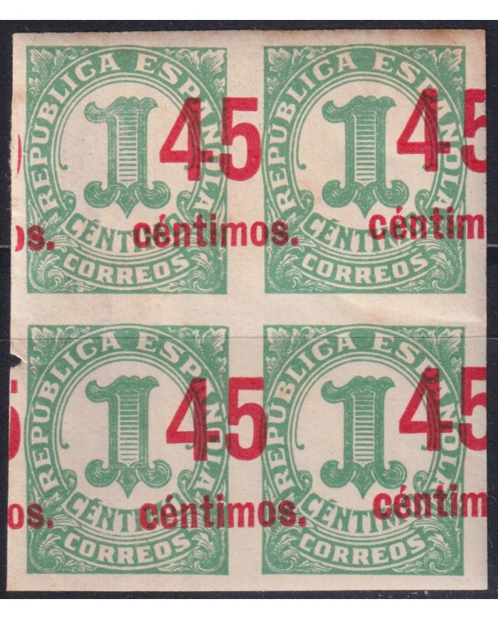 Z46 ESPAÑA SPAIN 1938 IMPERF 45 CENTIMOS DISPLACED RED OVERPRINT ORIGINAL GUM.