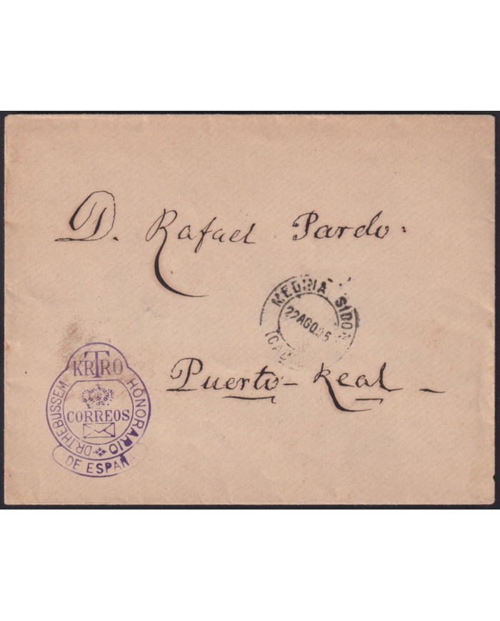 Z198 ESPAÑA SPAIN 1895 DR THEBUSSEM CARTERO HONORARIO MEDINA SIDONIA PUERTO REAL.