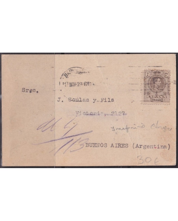 Z201 ESPAÑA SPAIN 1923 IMPRESOS ADVERTISING CARD TO ARGENTINA.