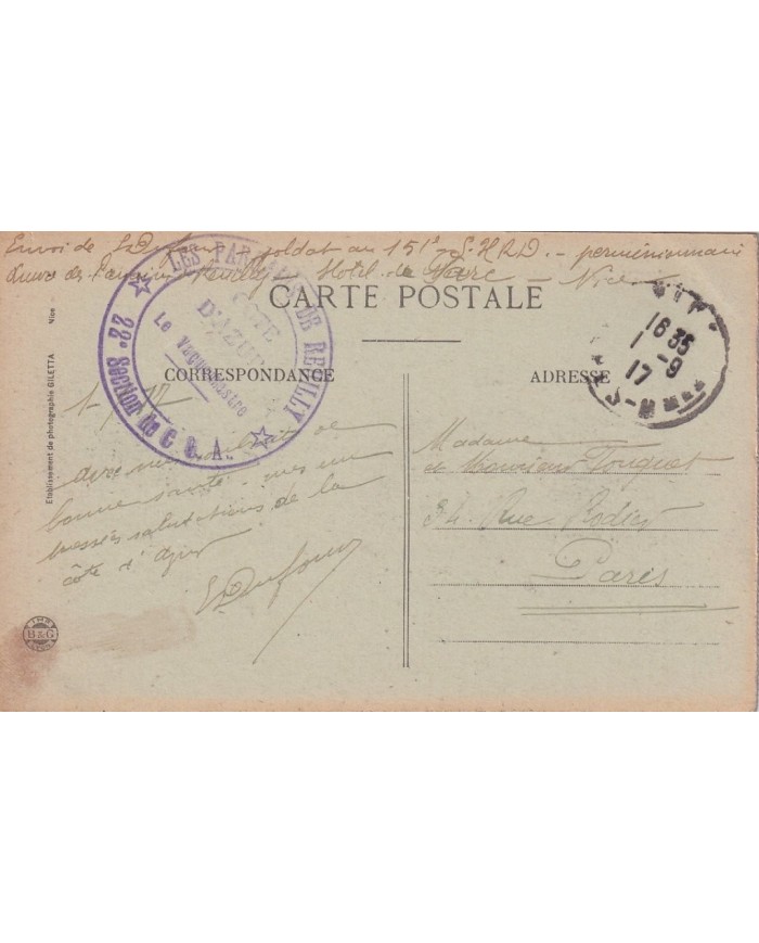 F-EX15918 FRANCE WWI 1917 MILITAR SERVICE POSTAL COTE DÂ´AZUR 22 SECCION.