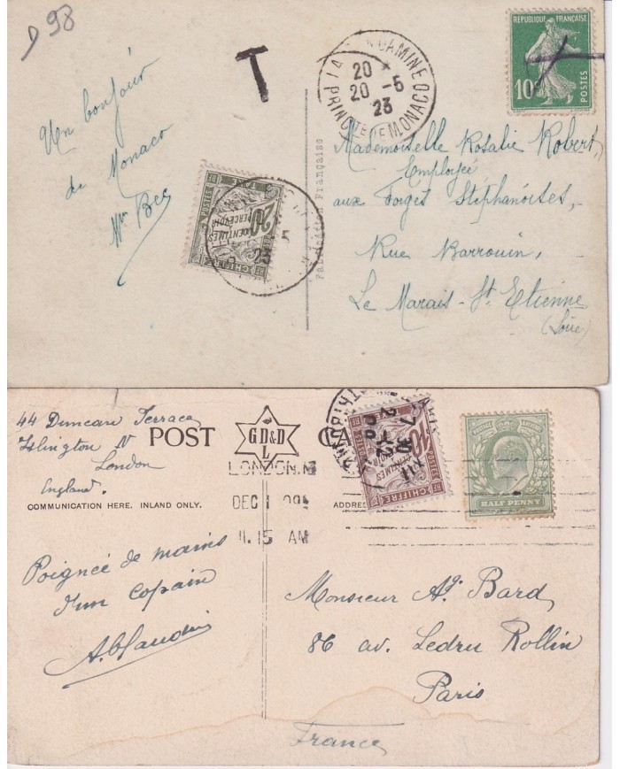 F-EX15946 FRANCE 2 POSTAGE DUE POSTCARD LOT MONACO & ENGLAND UK.