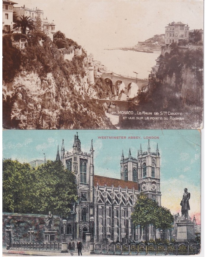F-EX15946 FRANCE 2 POSTAGE DUE POSTCARD LOT MONACO & ENGLAND UK.