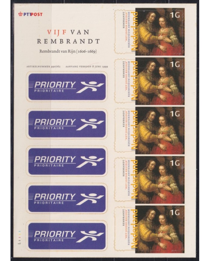 F-EX40532 NEDERLAND NETHERLAND MNH 1999 ART PAINTING PRIORITY REMBRANDT.