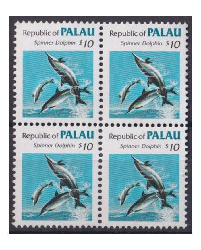 F-EX42025 PALAU MNH 1985 10$ BLOCK 4 MARINE WILDLIFE DOLPHINS FISH.