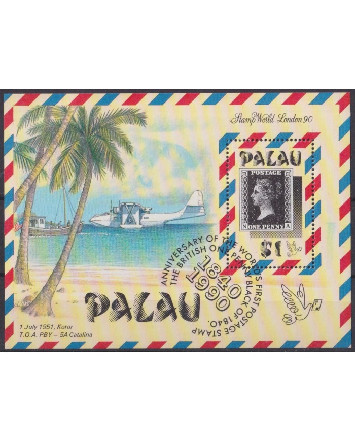 F-EX42185 PALAU MNH 1990 PENNY BLACK ANNIV AIRPLANE AVION SEAPLANE.