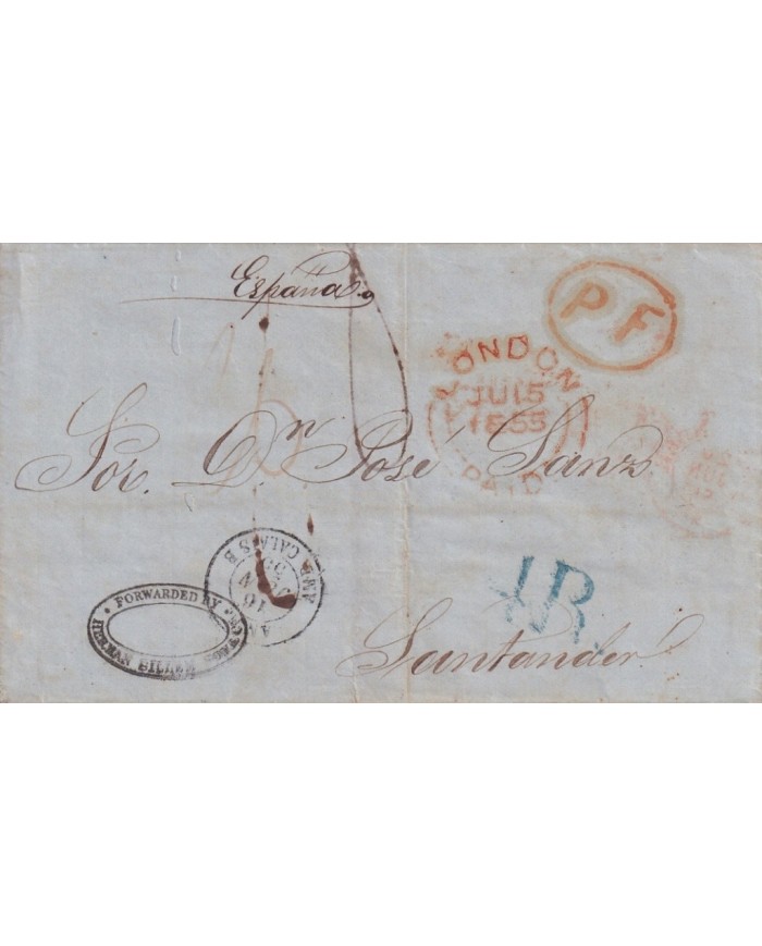 F-EX15828 UK 1855 STAMPLESS COVER FORWARDED AGENT HERMANN SILLEY TO SPAIN.