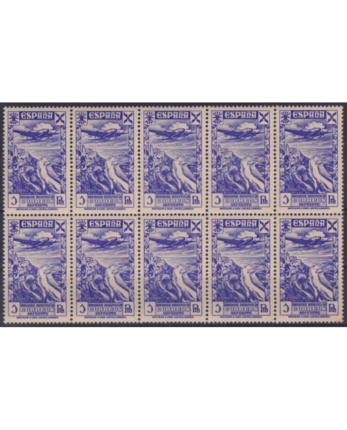F-EX42256 ESPAÑA SPAIN 1938 MNH 1 pta BLOCK OF 10 BENEFICENCIA ORPHANTS AIRPLANE.