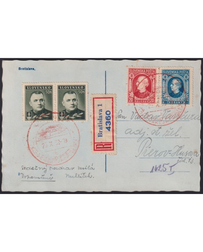 F-EX35357 SLOVAKIA 1939 REG POSTCARD RED CANCEL.