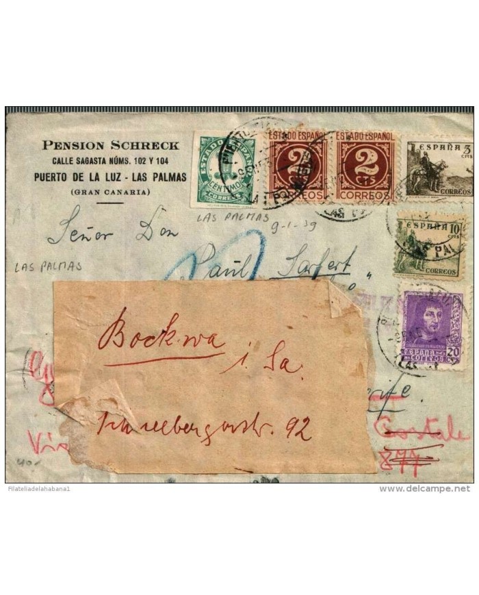 F-EX315 SPAIN ESPAÑA PENSION SCHRECK LAS PALMAS CANARIAS CENSORSHIP 1939 ITALY