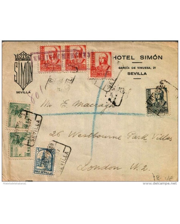 F-EX321 SPAIN ESPAÑA HOTEL SIMON. SEVILLA. CENSORSHIP CIVIL WAR 1937. ENGLAND