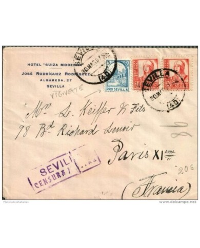 F-EX322 SPAIN ESPAÑA HOTEL SUIZA MODERNA. SEVILLA. CENSORSHIP 1937 TO FRANCE