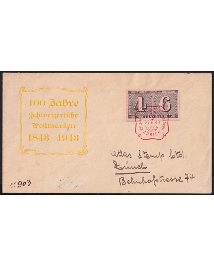 F-EX43106 SWITZERLAND 1943 FDC FIRST STAMPS RED CANCEL.