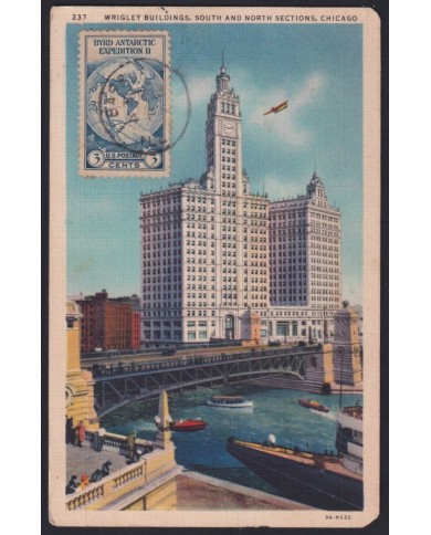 F-EX43216 USA US 1934 WRIGLEY BUILDING CHICAGO POSTCARD TO MADAGASCAR.