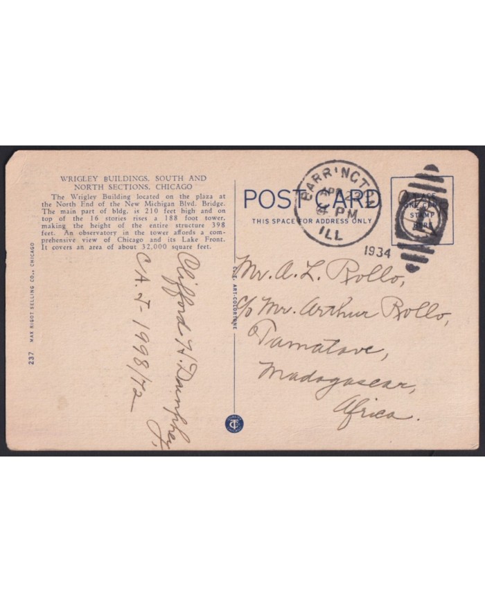 F-EX43216 USA US 1934 WRIGLEY BUILDING CHICAGO POSTCARD TO MADAGASCAR.