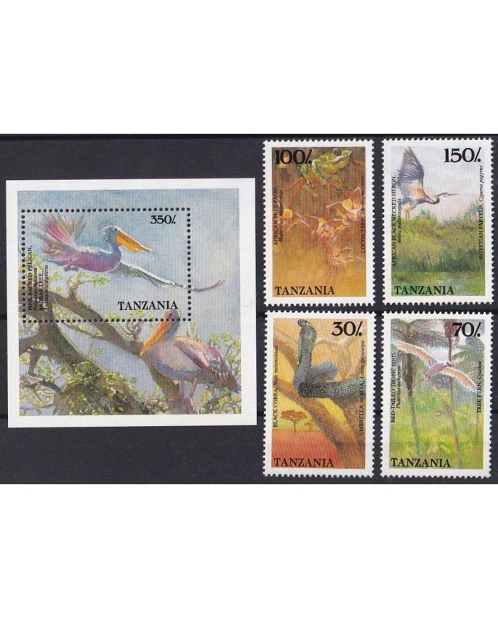 F-EX43482 TANZANIA MNH 1988 BIRD AVES PAJAROS PELICAN BLACK COBRA HERON FROG.