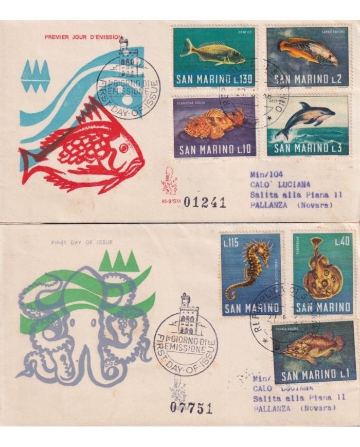 F-EX1981. SAN MARINO FDC TO ITALY 1966 SEA FAUNA. FISH SEA HORSE DOLPHINS.