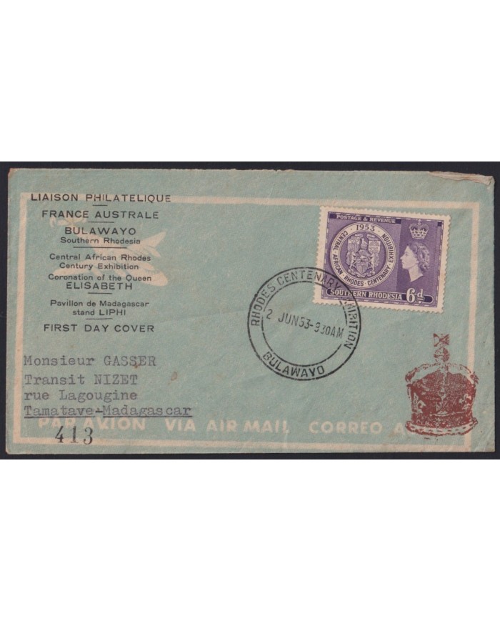 F-EX43213 SOUTH RHODESIA 1953 FDC RHODES CENT EXPO TO MADAGASDCAR CENSORSHIP.