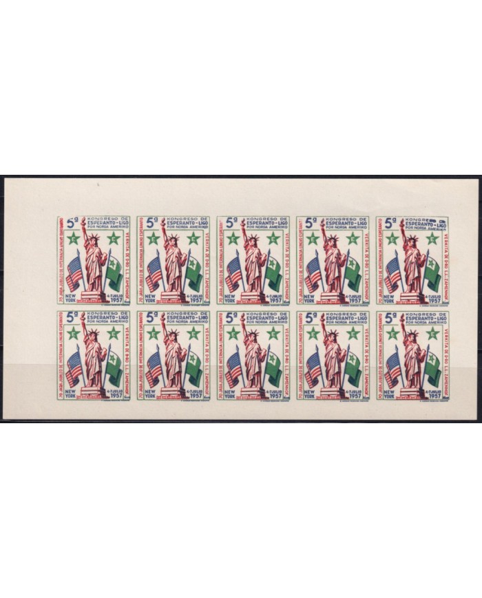 F-EX42493 USA US 1957 IMPERFORATED NO GUM ESPERANTO ESTUTUE OF LIBERTY SHEET.