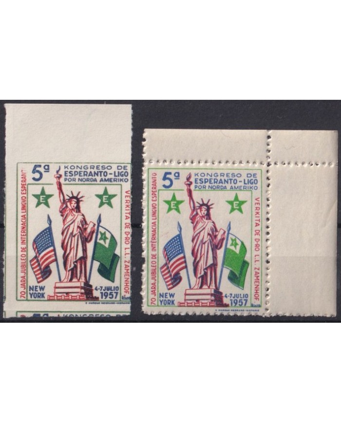 F-EX43268 USA US 1957 IMP + PERFORATED NO GUM ESPERANTO ESTUTUE OF LIBERTY.