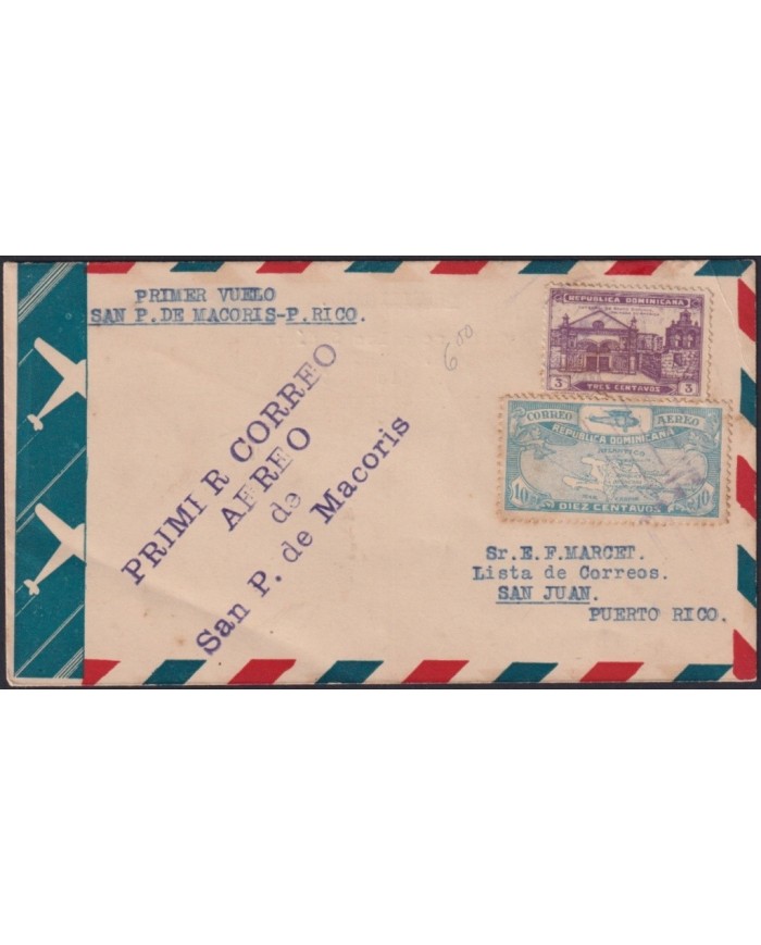 F-EX1979. DOMINICAN REP 1931 FIRT FLIGHT SAN PEDRO MACORIS TO SAN JUAN PUERTO RICO.