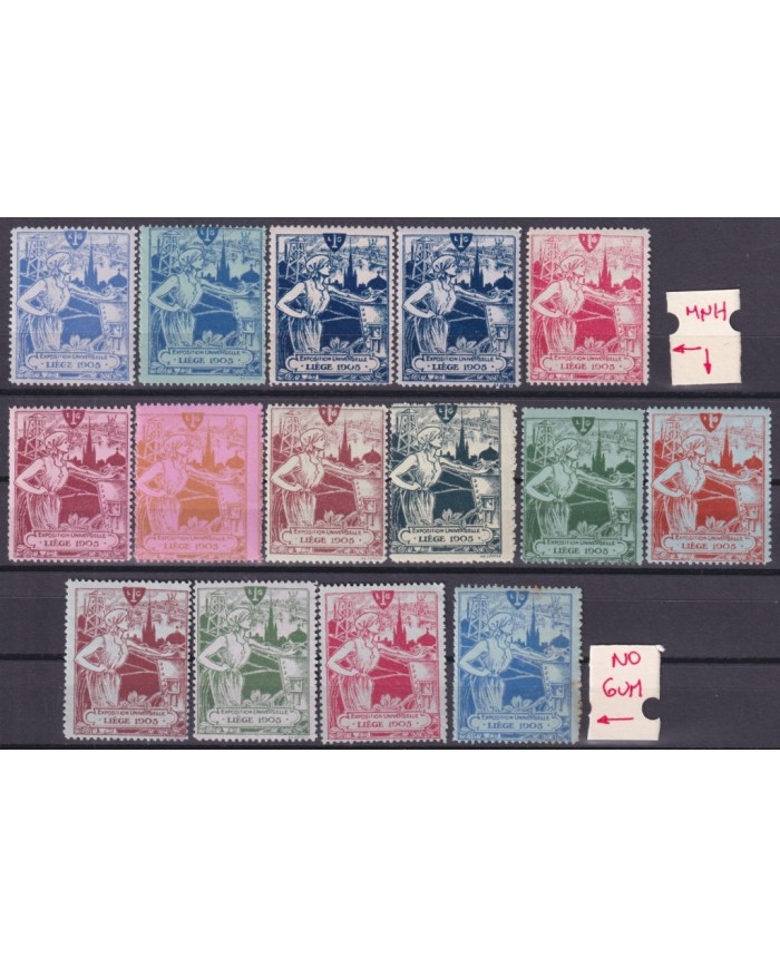 F-EX42466 BELGIUM BELGIQUE CINDERELLA 1905 LIEGE INTERNATIONAL EXPO 16 DIFF COLOR.