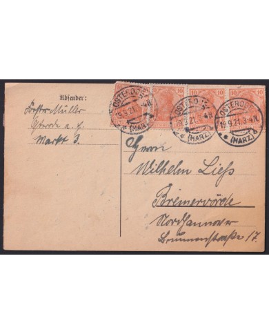 Z407 GERMANY INFLATION CARD 19/09/ 1921 OSTERODE TO BREMERVORDE.