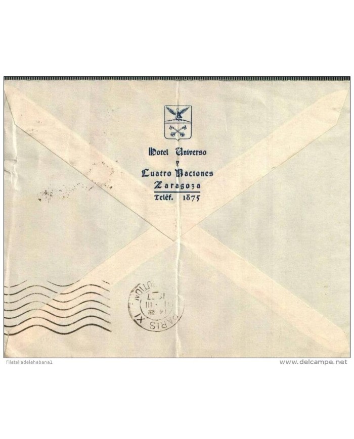 F-EX334 SPAIN ESPAÑA HOTEL UNIVERSO Y 4 ESTACIONES 1937 TO FRANCE