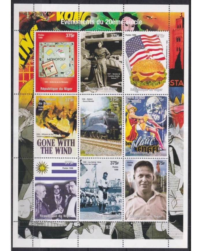 F-EX43750 NIGER MNH 1998 20 CENTURY 1930-39 ART PAINTING AMELIA EARHART LOU GEHRIG.