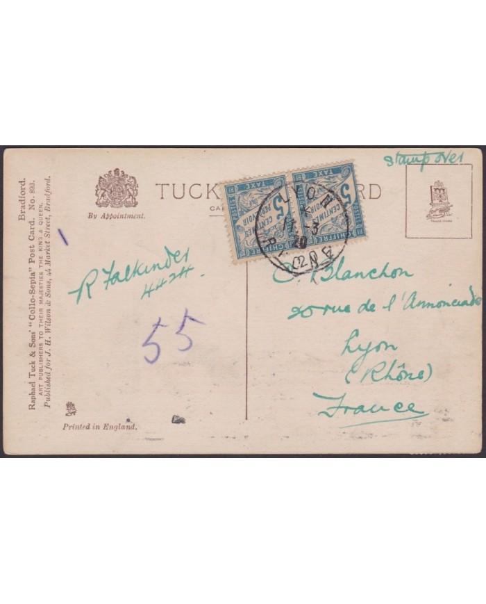 F-EX2043 ENGLAND UK 1920 POSTCARD POSTAGE DUE IN FRANCE LYON.