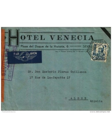 F-EX339 SPAIN ESPAÑA HOTEL VNECIA. SEVILLA. CENSORSHIP 1938. CIVIL WAR
