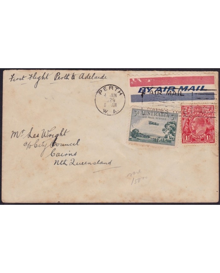 F-EX2066 AUSTRALIA AIR MAIL FIRT FLIGHT PERTH TO ADELAIDE. 1929.