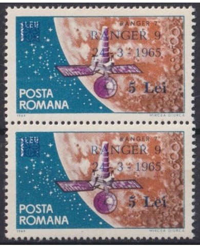 F-EX42792 RUMANIA MNH 1965 RANGER SATELLITE OVERPRINT PAIR COSMOS SPACE.