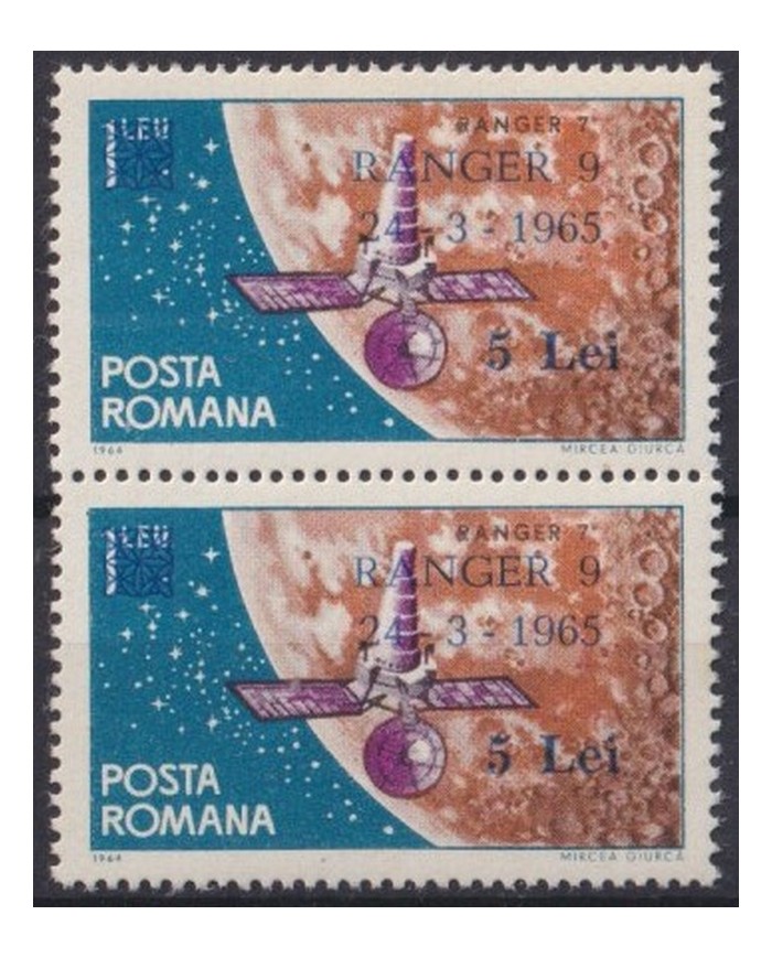 F-EX42792 RUMANIA MNH 1965 RANGER SATELLITE OVERPRINT PAIR COSMOS SPACE.