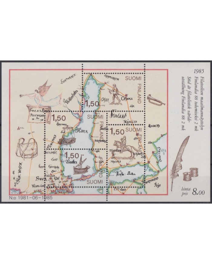 F-EX42394 FINLAND SOUMI MNH 1985 SHIP HISTORY MAIL ROUTE MAP.