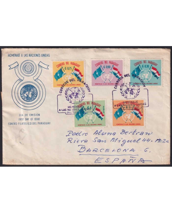 F-EX41244 PARAGUAY 1960 FDC UNITED NATIONS TO BARCELONA SPAIN.