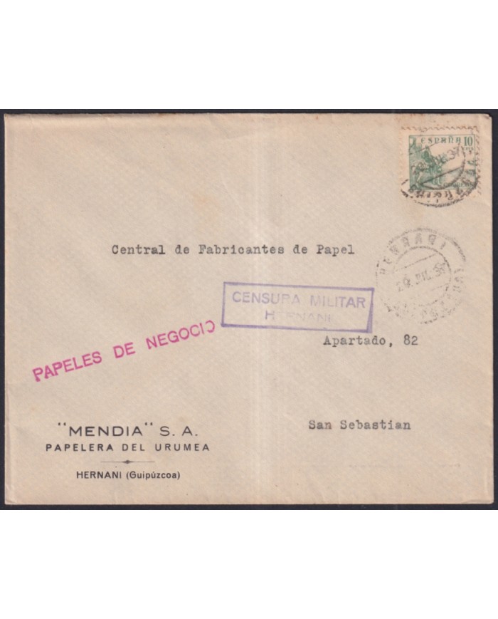 Z493 ESPAÑA SPAIN 1938 CIVIL WAR CENSORSHIP HERNANI GUIPUZCOA TO SAN SEBASTIAN.